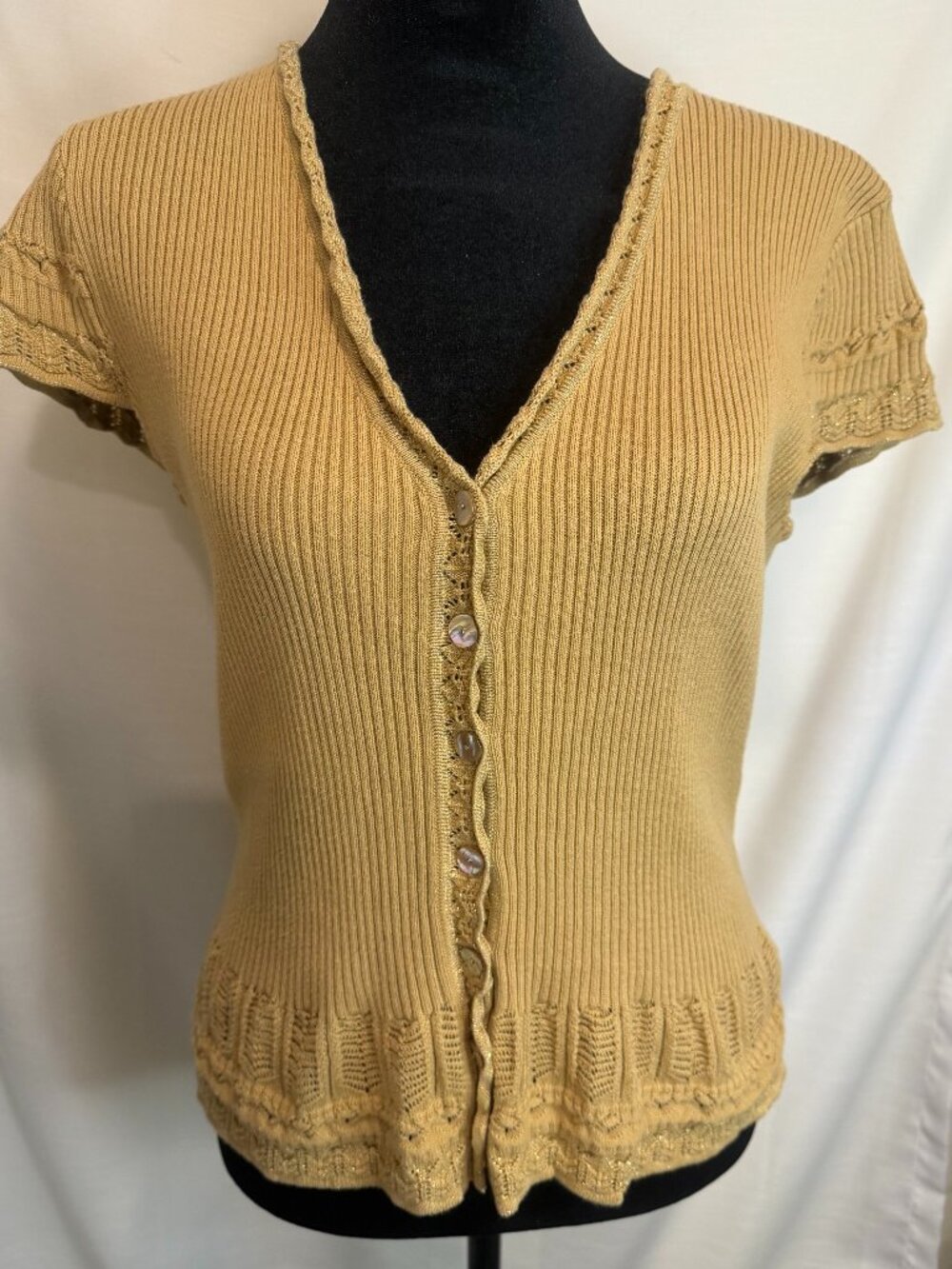 Harolds Vintage Ribbed Knit Cardigan Top Lace Trim Short Sleeve Gold Womens M